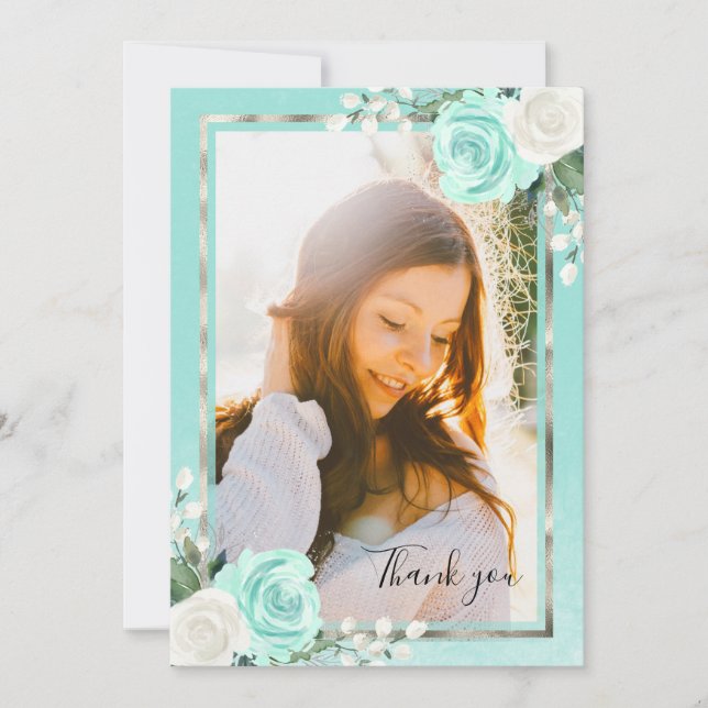 Aquamarin & Foil Silver Abschluss Vielen Dank Dankeskarte (Vorderseite)