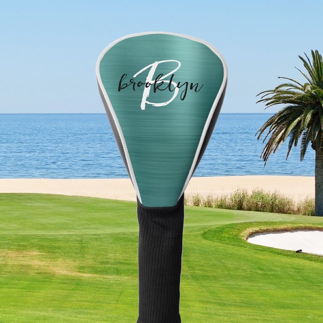 Aquamarin gebürstetes Schwarz-weißes Script Monogr Golf Headcover (Von Creator hochgeladen)
