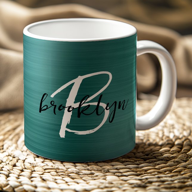 Aquamarin gebürstetes Schwarz-weißes Script Monogr Kaffeetasse (Von Creator hochgeladen)