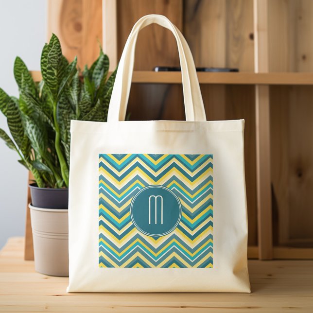 Aquamarin-gelb-farbiges Zickzack Muster Tragetasche (Personalized tote bag with custom text)