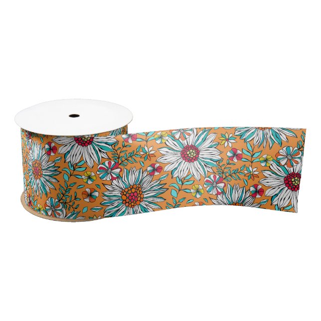 Aquamarin-gelb-orangefarbene Blume Muster Satinband (Spule)