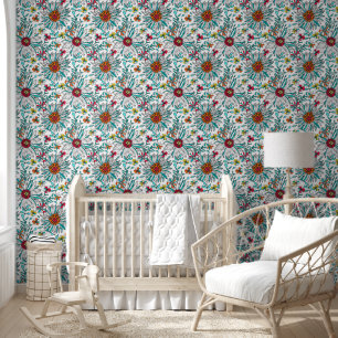 Aquamarin-gelb-orangefarbene Blume Muster Tapete