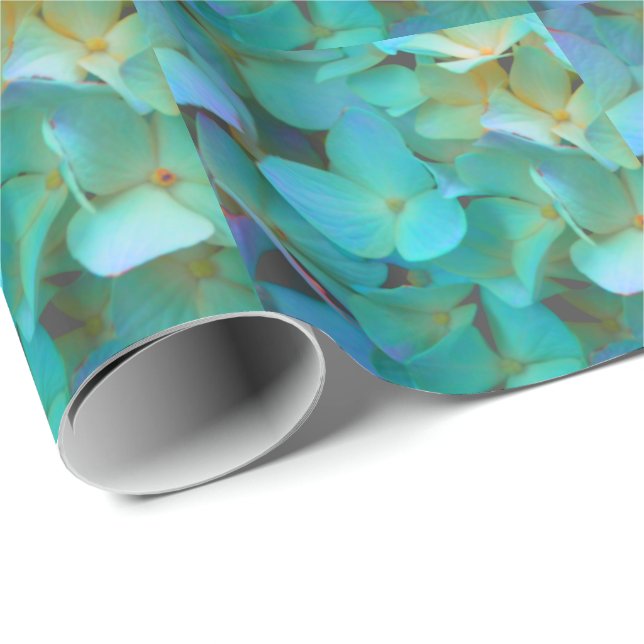 Aquamarin-gelb-rosa Hydrangeas Blume Geschenkpapier (Rolleneckpunkt)