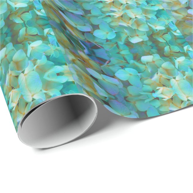 Aquamarin-gelb-rosa Hydrangeas Blume Geschenkpapier (Rolleneckpunkt)