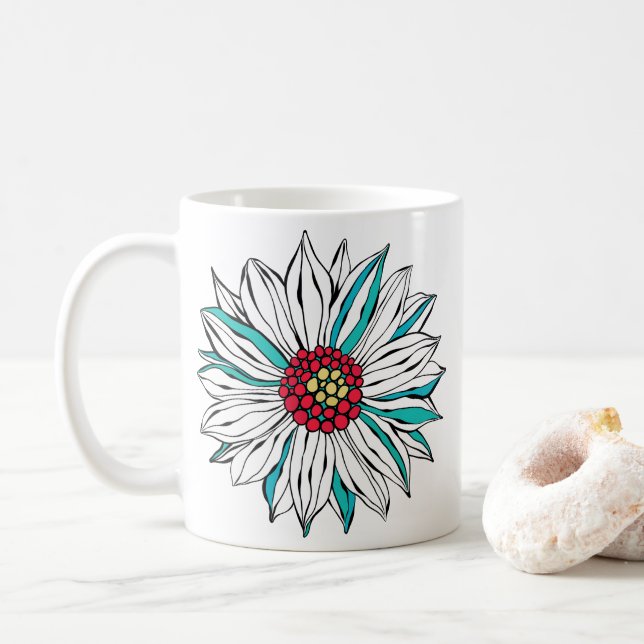 Aquamarin-gelbe Orangenrot-Daisy-Blume Kaffeetasse (Mit Donut)