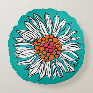 Aquamarin-gelbe Orangenrot-Daisy-Blume Rundes Kissen