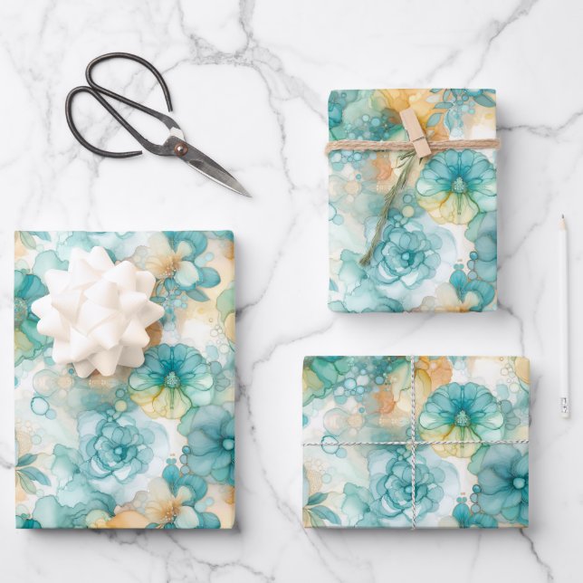 Aquamarin-gelbes Alkoholtupfer Tinte Illustration  Geschenkpapier Set (Vorderseite)