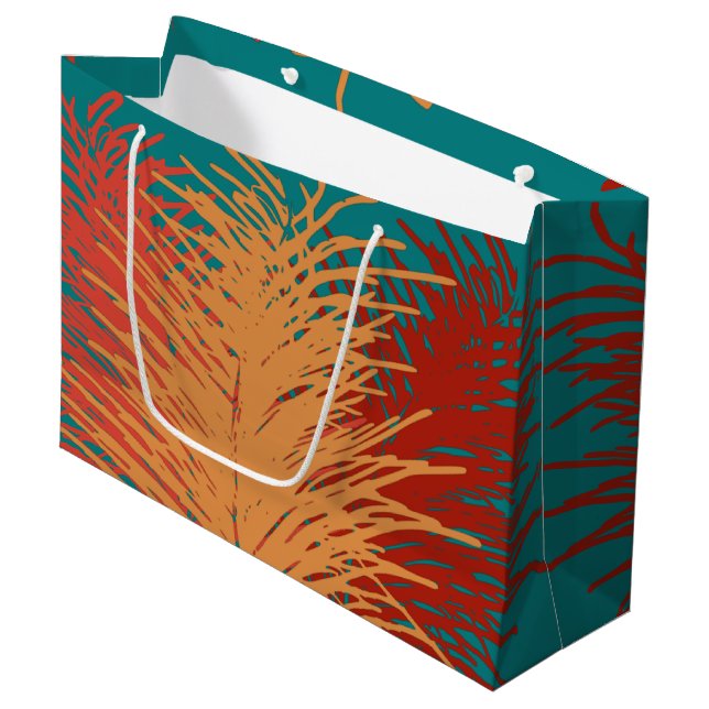 aquamarin-Gelborange-Rotfedern Große Geschenktüte (Vorderseite Schrägansicht)