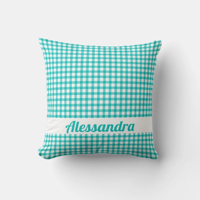 Aquamarin Gingham Country Farmhouse Kissen (Vorderseite)