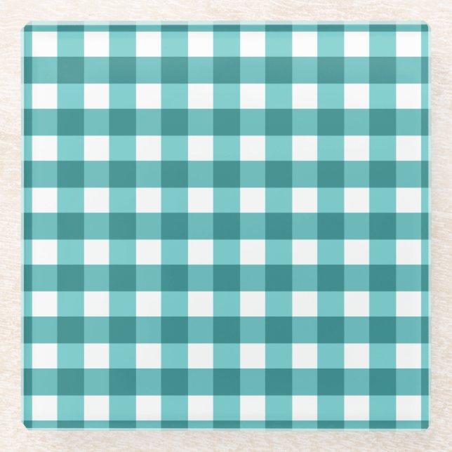 Aquamarin Gingham Glasuntersetzer (Vorderseite)