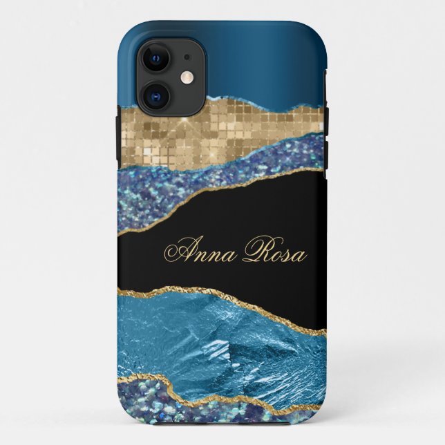 *~* Aquamarin Glam Agate Geode Gold Glitzer Black Case-Mate iPhone Hülle (Rückseite)