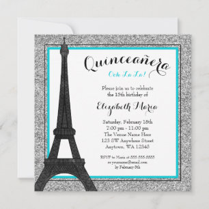 Aquamarin Glam Paris Imitate Silver Glitzer Quince Einladung