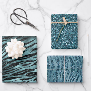 Aquamarin Glam Zebra Glitzer Geschenkpapier Set