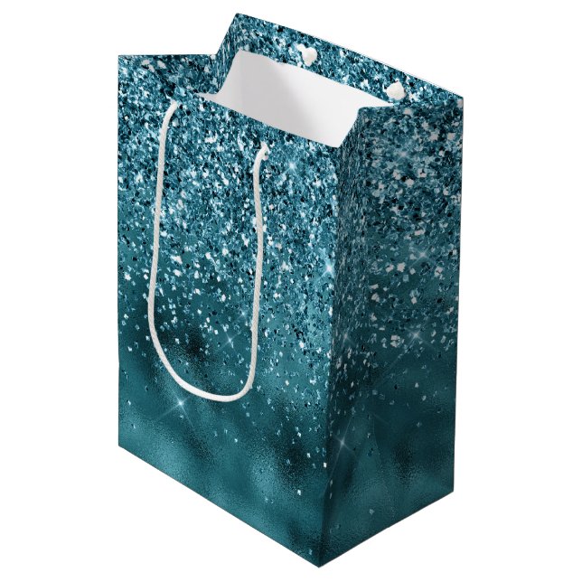 Aquamarin Glitz Glitzer Glam Mittlere Geschenktüte (Vorderseite Schrägansicht)