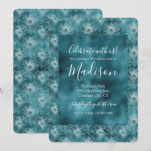 Aquamarin Glitzy Glam Peacock Feathers Einladung