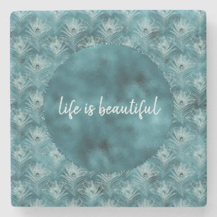 Aquamarin Glitzy Glam Peacock Feathers Steinuntersetzer