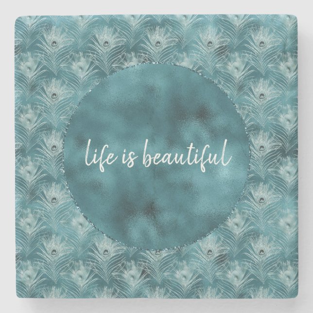 Aquamarin Glitzy Glam Peacock Feathers Steinuntersetzer (Vorderseite)