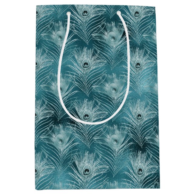 Aquamarin Glitzy Peacock Feathers Mittlere Geschenktüte (Vorderseite)