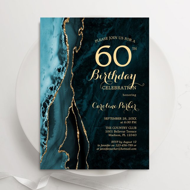 Aquamarin Gold Agate 60. Geburtstag Einladung (Von Creator hochgeladen)