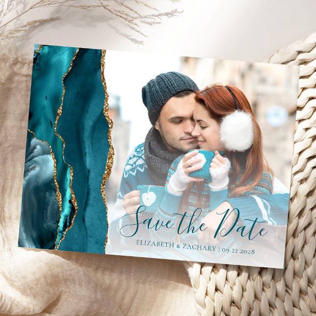 Aquamarin Gold Agate Foto Save the Date Postkarte (Von Creator hochgeladen)