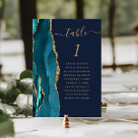 Aquamarin Gold Agate Navy Blue Wedding Tischnummer<br><div class="desc">Der links Rand dieser eleganten,  modernen Hochzeitskarte mit einer aquamarinen Aquarellgrenze,  die mit Imitaten vergoldetem Glitzer bestickt ist. Das Wort "Tabelle" erscheint in goldfarbenem Schriftzeichen auf marineblarem Hintergrund. Fügen Sie die Namen Ihrer Gäste hinzu,  die jeder Tabelle zugeordnet sind.</div>