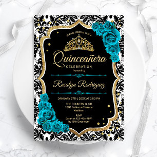 Aquamarin Gold Black Damask Elegantes Quinceanera Einladung