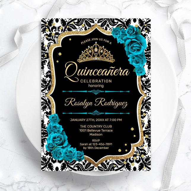 Aquamarin Gold Black Damask Elegantes Quinceanera Einladung (Von Creator hochgeladen)