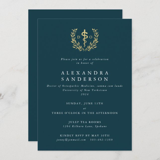 Aquamarin/Gold Doktor der Osteopathischen Medizin  Einladung (Vorne/Hinten)