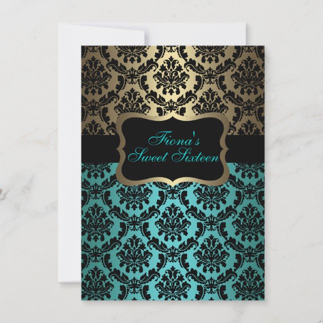 Aquamarin & Gold Elegante Damask Geburtstag Einlad Einladung (Vorderseite)