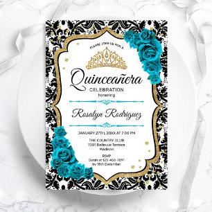 Aquamarin Gold Elegante Damask Quinceanera Einladung