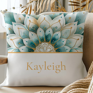 Aquamarin Gold Floral Mandala Personalisiert Kissen