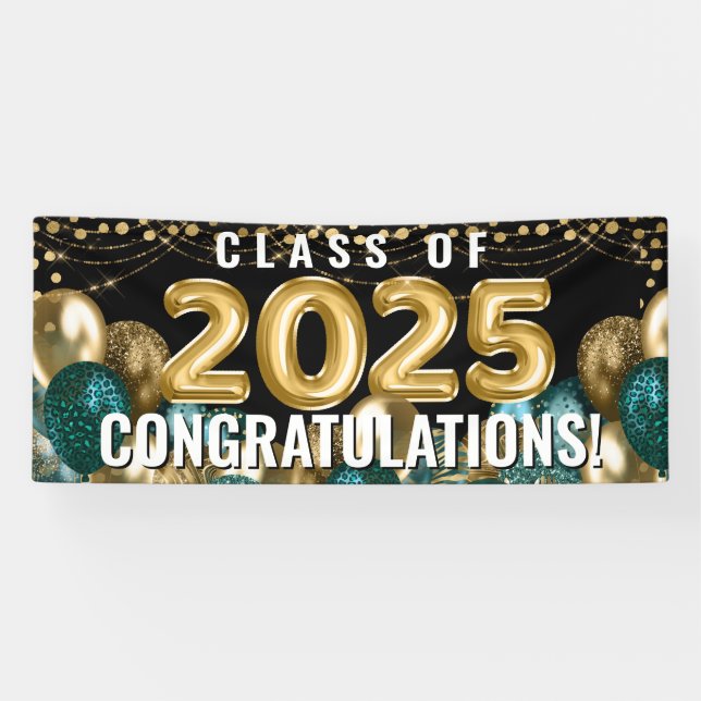 Aquamarin Gold Glitzer Balloons Class 2022 Abschlu Banner (Horizontal)