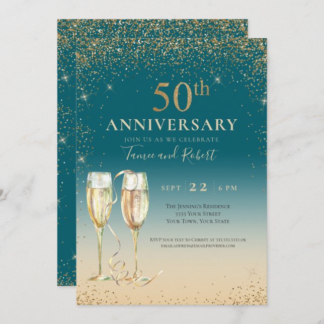 Aquamarin Gold Glitzer Champagne 50 Jahre Jubiläum Einladung (Vorne/Hinten)