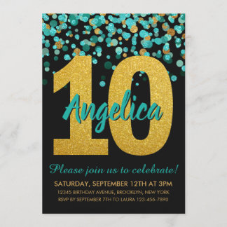 Aquamarin Gold Glitzer Confetti Black 10. Geburtst Einladung