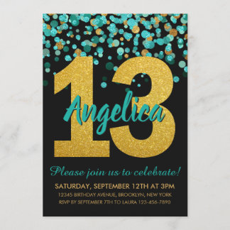 Aquamarin Gold Glitzer Confetti Black 13. Geburtst Einladung