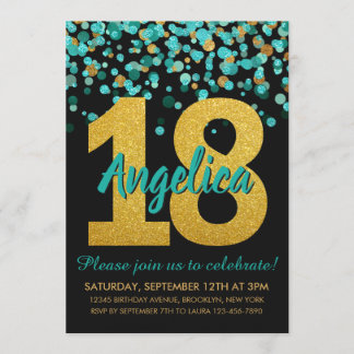Aquamarin Gold Glitzer Confetti Black 18. Geburtst Einladung