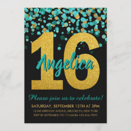 Aquamarin Gold Glitzer Confetti Black Sweet 16 Geb Einladung