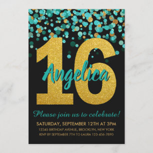 Aquamarin Gold Glitzer Confetti Black Sweet 16 Geb Einladung