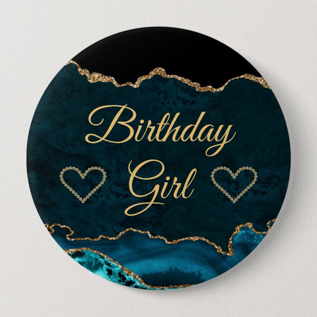Aquamarin & Gold Glitzer Marble Agate Birthday Gir Button (Vorderseite)