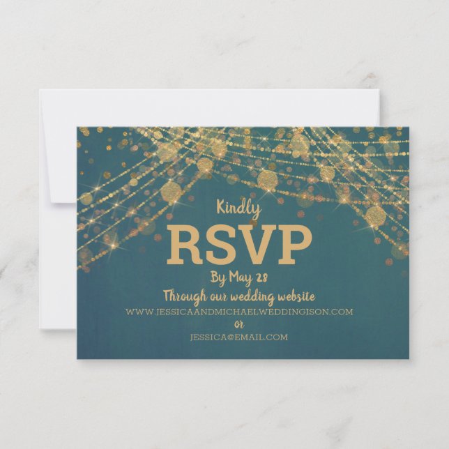Aquamarin Gold Glitzer String LIghts Wedding RSVP Karte (Vorderseite)