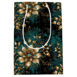 Aquamarin & Gold Grunge Floral Mittlere Geschenktüte