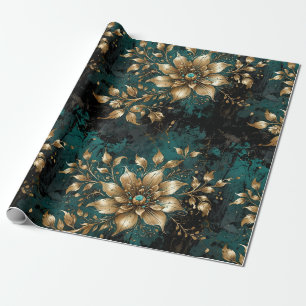 Aquamarin & Gold Grunge Florals Geschenkpapier