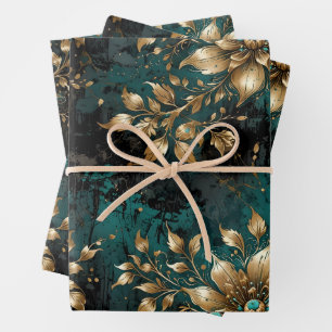Aquamarin & Gold Grunge Florals Geschenkpapier Set