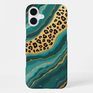Aquamarin & Gold Leopard Agate iPhone 16 Plus Hülle
