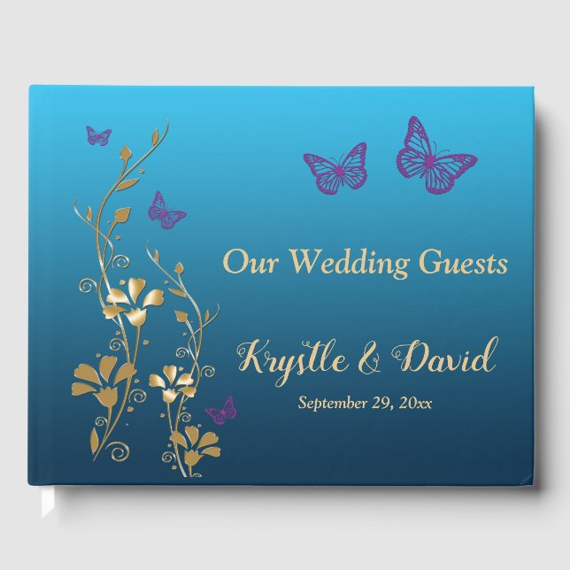 Aquamarin, Gold, Lila Blüten, Schmetterlinge Gäste Gästebuch (Vorderseite)