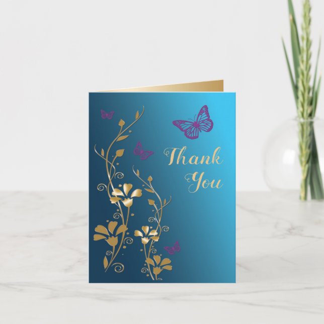 Aquamarin Gold Lila Blütenkarte Dankeschön Karte (Vorderseite)