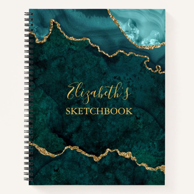Aquamarin Gold Marble Agate Geode Sketchbook Notizbuch (Vorderseite)