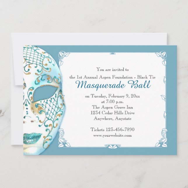 Aquamarin Gold Masquerade Mardi Gras Ball Einladun Einladung (Vorderseite)