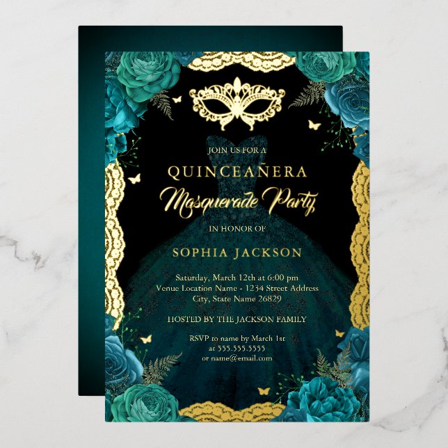 Aquamarin Gold Masquerade Party Dress Quinceanera Folieneinladung (Vorderseite/Rückseite)