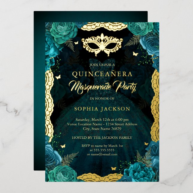 Aquamarin Gold Masquerade Party Rose Kleid Quincea Folieneinladung (Vorderseite/Rückseite)